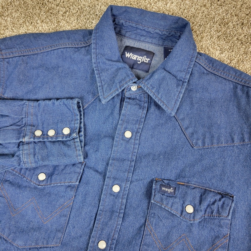 Wrangler Western Mens Large Solid Blue Denim Pearl Snap Long Sleeve